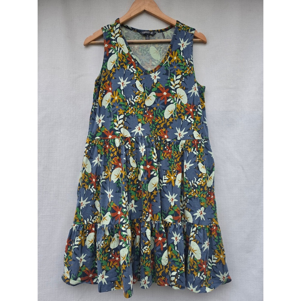 Toad And Co Marley Tiered Dress Womens Medium Blue Floral Cotton Pockets